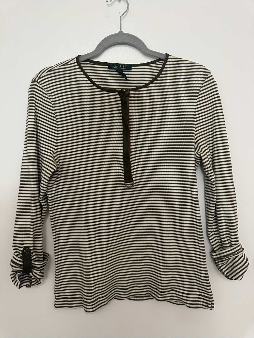 Ralph Lauren Green and White Striped Henley Tee
